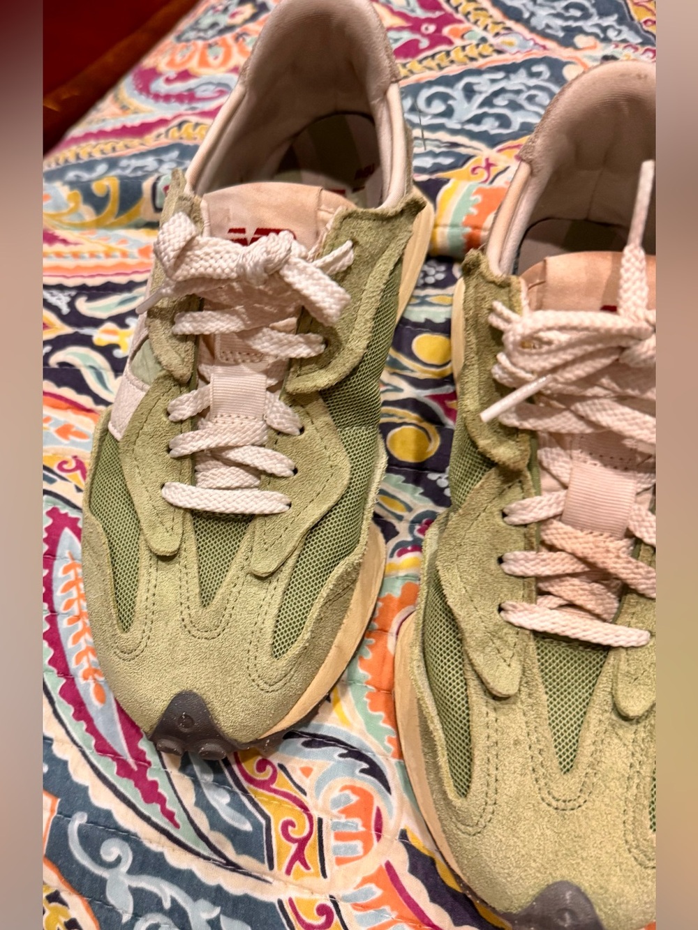 New Balance 327 Lime Green Suede Mesh Sneaker with Cream Accents and White Laces - Picture 3 of 8